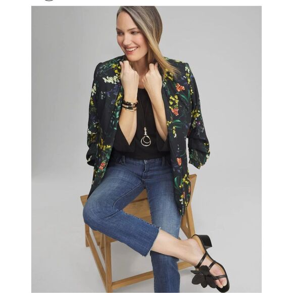 Chico’s floral black blazer ruched sleeve open front (1) U.S 8 - Picture 11 of 11